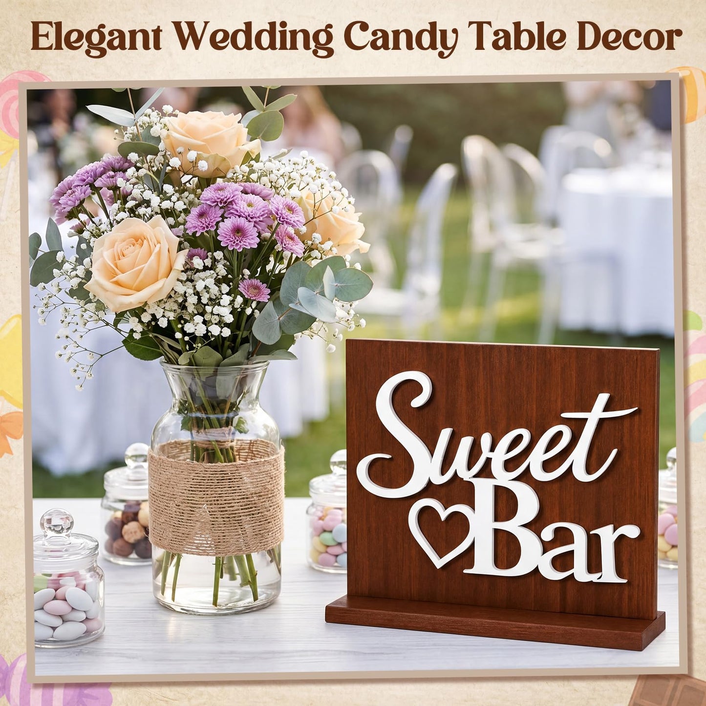 Novabright Sweet Bar Wooden Sign with Rustic Wood Backboard & Stable Base, Freestanding Sweet Candy Bar Dessert Table Decor, Centerpiece with Stand for Wedding, Birthday, Bridal Shower & Party