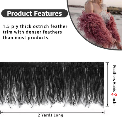 SOGUGOM Black Ostrich Feather Trim - 1.5Ply 2Yards 4-5Inch Feathers Fringe Ribbons Trim for Sewing, Dress, Craft Projects, Halloween Costumes, Holiday Dance Parties(Black)