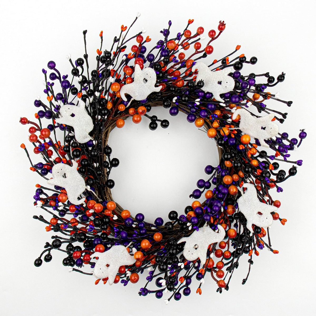 MG MagicGarden 20-Inch Halloween Wreath - Handmade Orange & Black Berry Wreath with Adorable Mini Ghosts, Spooky Front Door Decor for Halloween Party