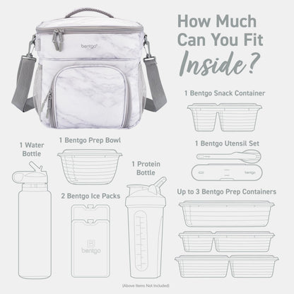 Bentgo Prep Deluxe Insulated Multimeal Bag - Lunch Box Bag, Holds 5 Meals, Premium Insulation up to 8 Hrs, Durable, Water-Resistant - Large Capacity For Adult Meal Prep (White Marble)