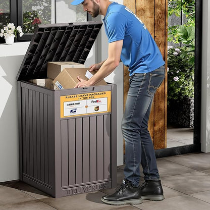 Outdoor Package Delivery Box with Lockable Secure and Sign, Resin Waterproof Outdoor Package Drop Container for Backyard, Garden, Patio & Lawn, Brown with Sign