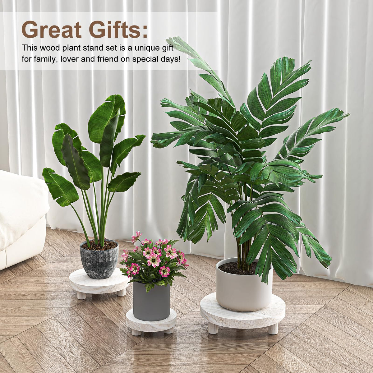 HAWHUV 3 Pcs Wood Plant Stand Indoor Outdoor, Round Wood Riser for Decor 6/8/10" Wooden Stool Display Stand Flower Pot Holder Small Planter Tray Modern Potter Decorative for Desktop Counter Room