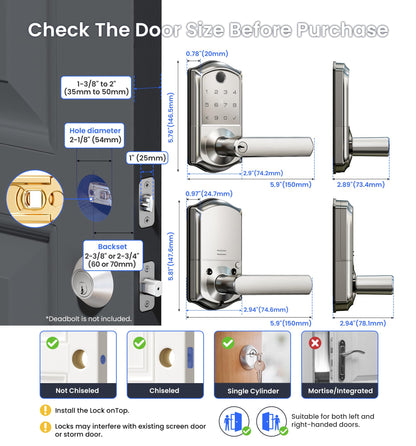 Veise VE019 Fingerprint Smart Lever Lock, App Control, Keyless Entry Door Lock with Handle, Touchscreen Keypad Knob for Front Door and Bedroom, Remote Access Sharing, IP55 Waterproof, Satin Nickel