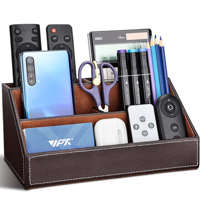 KINGFOM Pu Leather Desk Organizer with 5 Compartments Holder, Multi-Functional Office Supplies Storage Caddy for Pen/Pencil, Phones, Remote Controller and Desktop Accessorie Brown