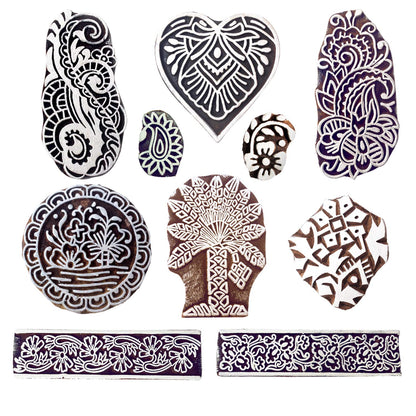 Royal Kraft Wooden Stamps for Block Printing on Saree Border, Textile, Clay, Pottery, Tattoo (Set of 10) MXtag0001