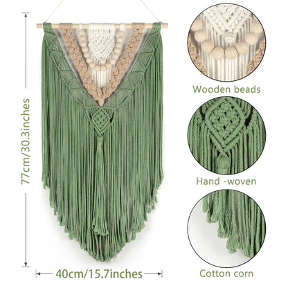 EOBTAIN Green Macrame Wall Hanging Boho Home Decor,Handmade Craft Handwoven Tapestry for Gallery Nursery Living Room,Natural Cotton Cord and Wood Beads Tassel Bohemian Art Decoration,30 Inch