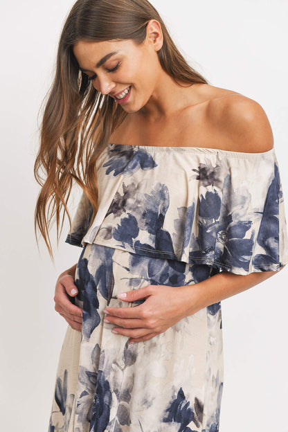 Women's Off Shoulder Ruffle Maxi Maternity Dress (Taupe/Navy Floral, L)