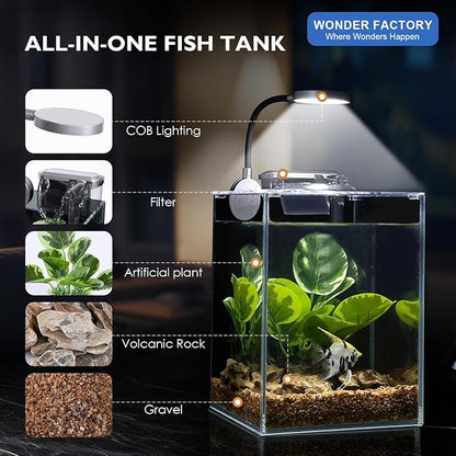 Desktop Small Aquarium Set Glass Fish Tank 1.25 Gallon, with Water Pump Filter Bright LED Light Gravel Cleaning Tool, Starter Kit Small Space Easy Setup Space-Saving Design Betta Shrimp
