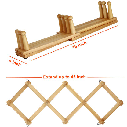 Dseap Accordian Wall Hanger: 16” High Wooden Wall Expandable Coat Rack, Hat Rack Holder, Accordion Hook for Baseball Caps, Coats, Mugs, 10 Peg Hooks, Natural