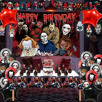 Taeku Horror Birthday Party Decorations – 50 Pcs Halloween Theme Kit with Banner, Balloons, Cake Toppers, Backdrop & Tablecloth – Scary Party Supplies for Kids & Adults