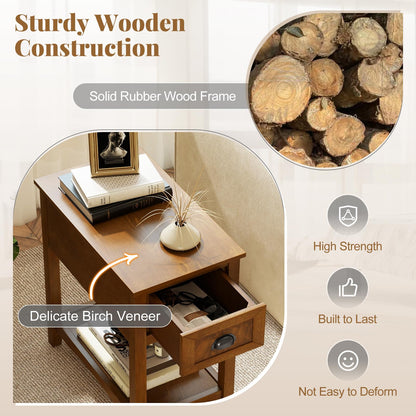 Giantex End Table with Drawer, Retro Narrow Side Table, Nightstand with Solid Wood & Storage Shelf, Bedside Table for Living Room Bedroom Small Space Home Office (1, Tawny)