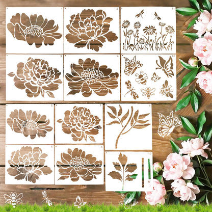 12Pcs Large Flower Stencils for Painting on Wood Fence, 14 Inch Reusable Fence Stencil, Peony Floral Stencils on Wall Wood Floor Canvas Paper Furniture Fabric