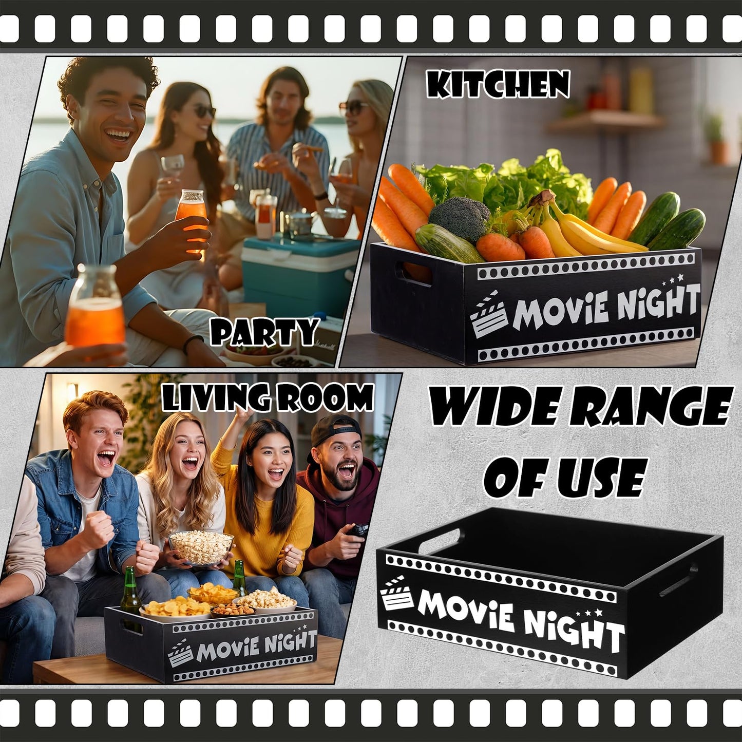 GlikCeil Movie Night Supplies Snack Trays with Handles Reusable Wooden Movie Gift Basket for Theater Popcorn Bucket Bowl Box Container Family Room Decor (Classic Style 1)