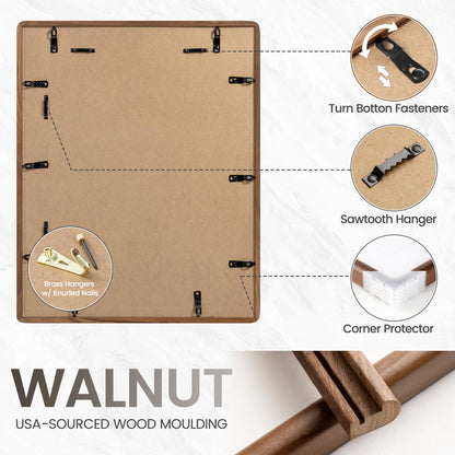 FLYJOE 11x14 Picture Frame, Natural Solid Walnut Wood Photo Frame with HD Tempered Glass, Rounded Corner Wooden Frame 11 x 14 Matted to 8x10, Horizontal or Vertical Wall Mounting