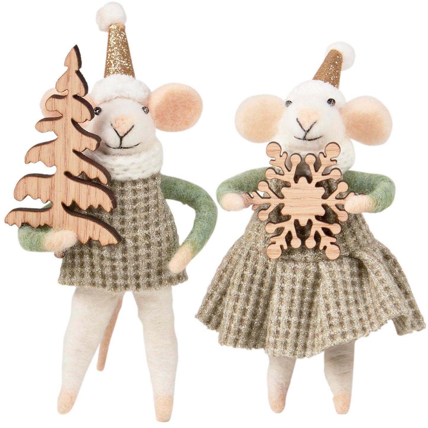 Primitives by Kathy Winter Mice Felt Collectible Critter Set, 6-Inch Handmade Wool Mice Duo with Glitter Hats Holding Wooden Tree & Snowflake, Winterscape Tiered Tray & Tree Decor