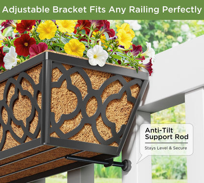 HFHOME 4 Pcs 30" Window Box Deck Railing Planter Box with Horse Trough Coco Liners, Black Metal Hanging Flower Planters Baskets for Indoor, Outdoor, Balcony, Porch, Fence, Patio, and Lawn
