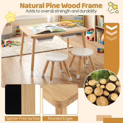 Costzon Toddler Sensory Table and Chairs, Wooden Table and Chair Set w/Double-Sided Boards & 2 Foldable Storage Bins, All-in-One Kids Activity Table for Draw, Sand, Water Play (3 PCS,Natural & White)