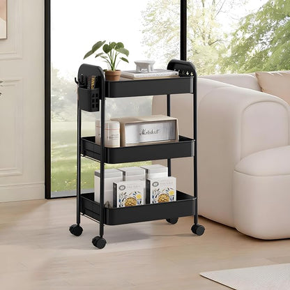Heavy-Duty Rolling Cart 3 Tier Metal Utility Storage Cart with Casters, Hanging Cups, Hooks, Book Snack Craft Mesh Rolling Storage Organizer for Kitchen Office