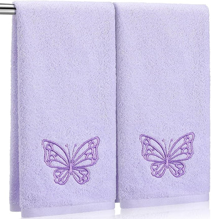 2 Pcs Butterfly Hand Towels Light Purple Bathroom Decor 14x29 Inch Embroidered