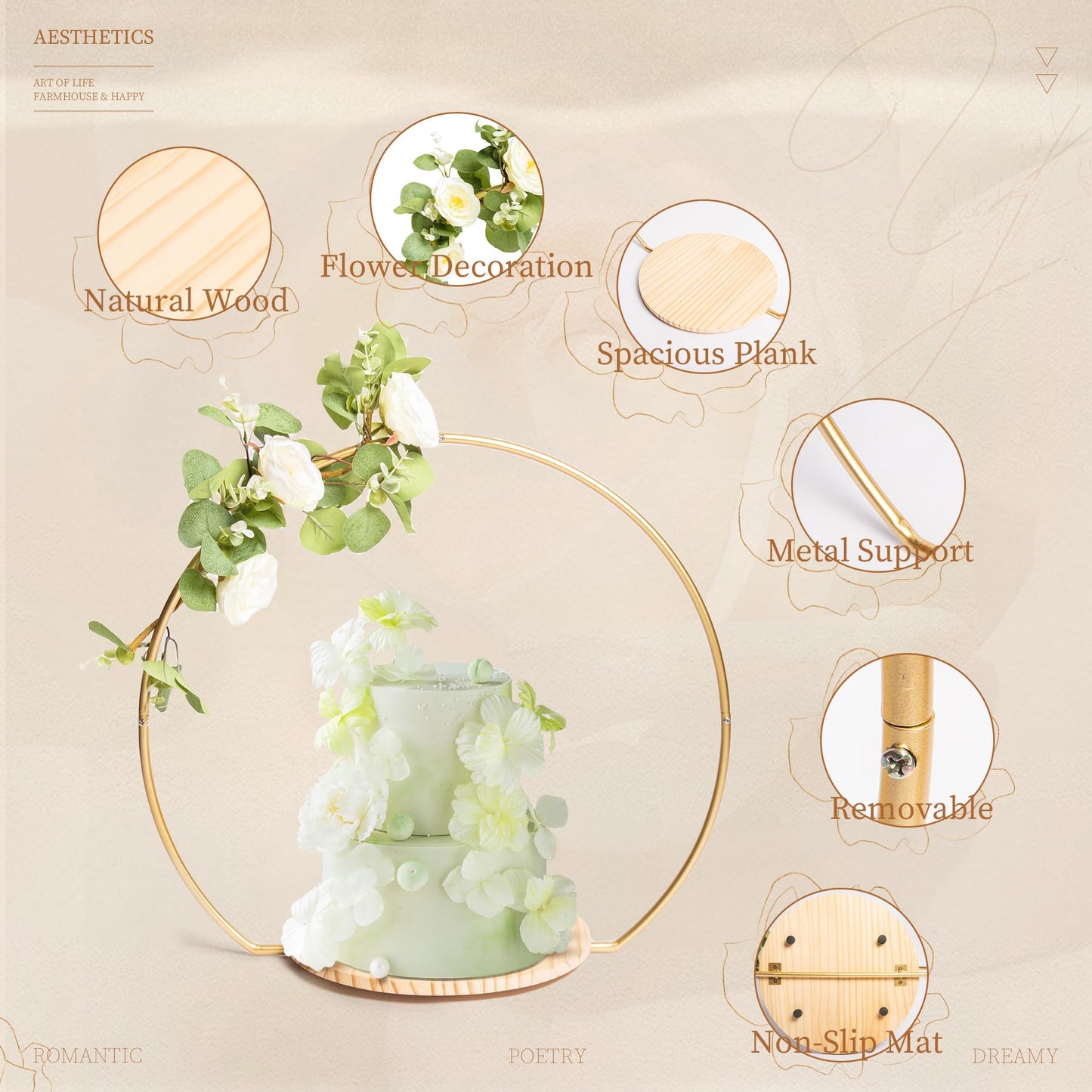 GENMOUS Wedding Cake Stand with Wood Stand Base, Gold 20" Round Arch Cake Stand Set, Metal Floral Hoop Centerpiece for Table, Large Cake Display Stand for Party, Events, Birthday Reception