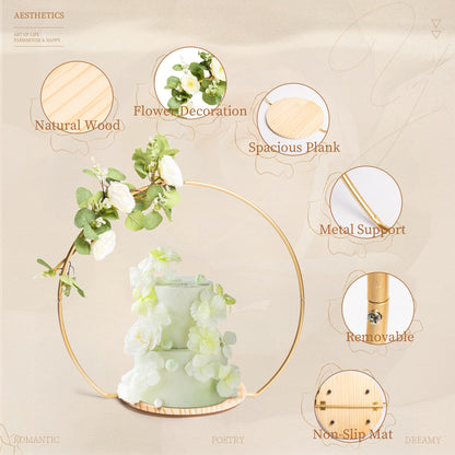 GENMOUS Wedding Cake Stand with Wood Stand Base, Gold 20" Round Arch Cake Stand Set, Metal Floral Hoop Centerpiece for Table, Large Cake Display Stand for Party, Events, Birthday Reception