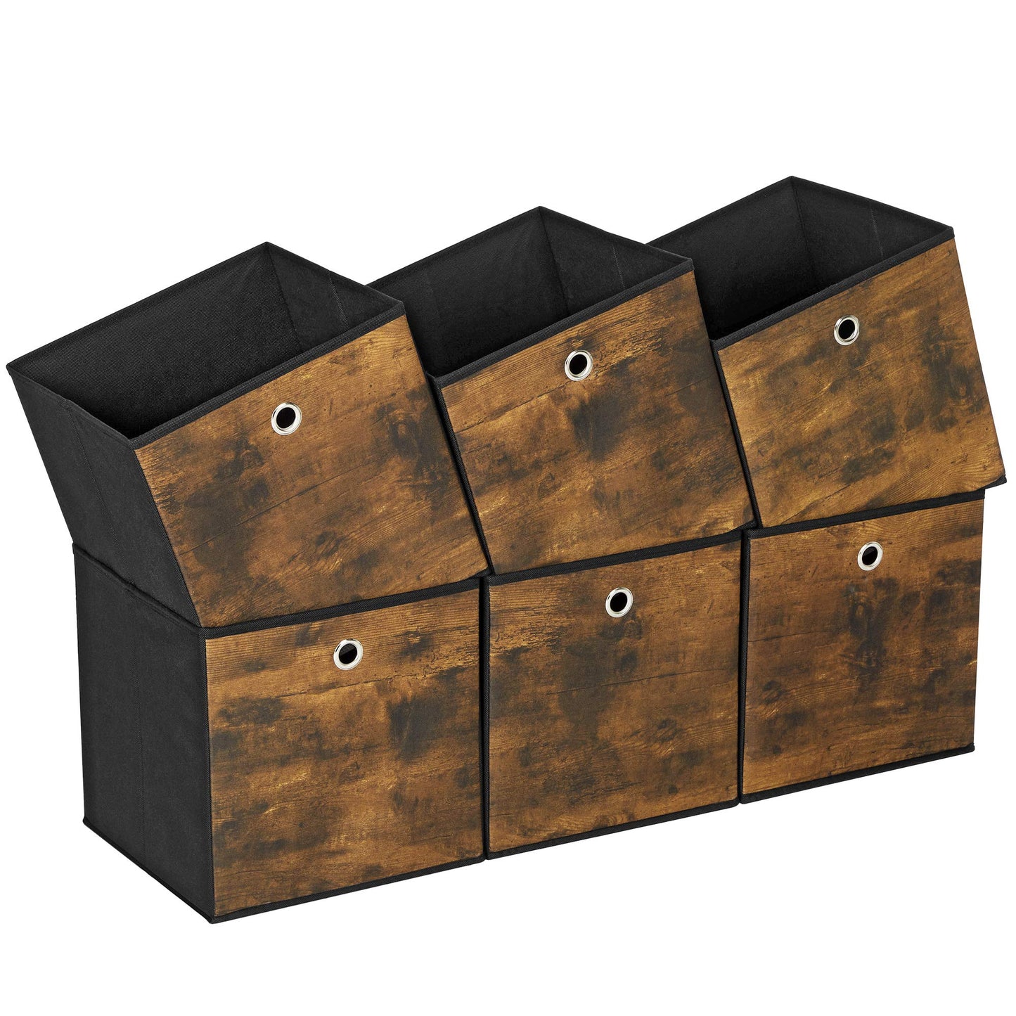 SONGMICS Storage Cubes, Set of 6 Storage Bins with Handles, Foldable Oxford Fabric and Non-Woven Fabric Storage Boxes, 11.8 x 11.8 x 11.8 Inches, Rustic Brown and Black URFB102B01