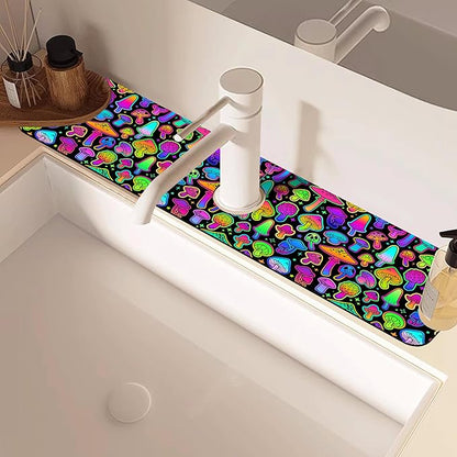 Bright Psychedelic Mushroom Kitchen Sink Splash Guard Mat Absorbent Fast Drying