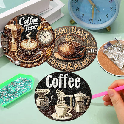8 Pcs Coffee Diamond Art Coasters Kits, Coffee Diamond Painting Coasters Kit Set with Holder Cork Pads, DIY Diamonds Art Non Slip Coaster Crafts Kits for Adults Beginners Gifts