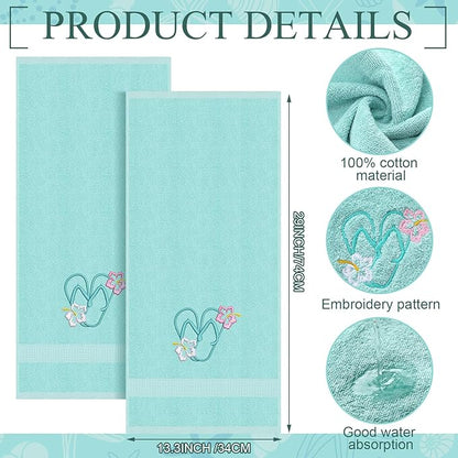 2 Pcs Flip Flops Hand Towels Mint Green Bathroom Decor 14x29 Inch Embroidered