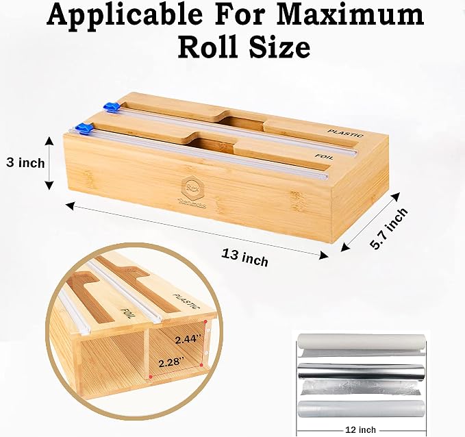 Foil and Plastic Wrap Organizer with Kitchen Aluminum Foil Holder, Cling Plastic Wrap Dispenser with Cutter and Labels, Bamboo Kitchen Wrap Organizer (2 in 1)