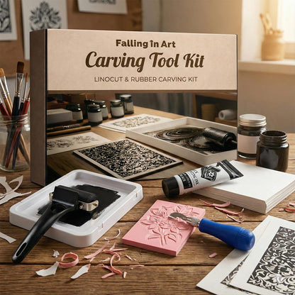 Falling in Art Linocut Kit for Printmaking, Rubber Block Stamp Printing Kit with Linoleum Blocks, Ink Paint and Brayer, DIY Carving Gift for Beginners and Artists