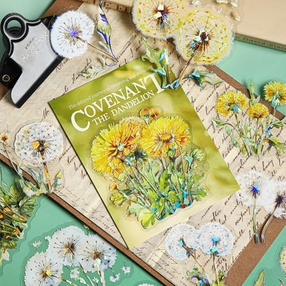 AuriicLeaf Dandelion Floral PET Stickers Set, 60PCS Holographic Botanical Flower Stickers for Scrapbooking, Journaling, DIY Crafts, and Art Supplies