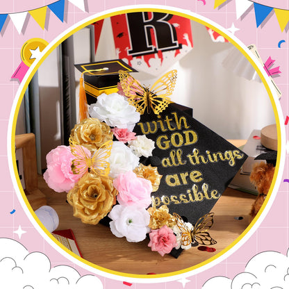 Knitgrip 31 Pcs DIY Graduation Cap Decorations Kit Faux Flower Heads 3D Butterfly Stickers Graduation Quotes Glitter Decals for Grad Hat Topper Graduations Party Supplies(Pink, White, Gold)