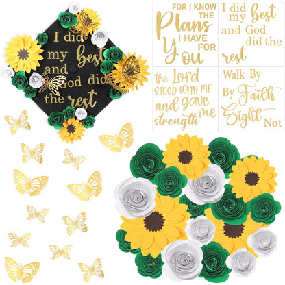 Suncalla Green DIY Graduation Cap Decorations Kit, 20 Pcs Roses Sunflower Flower Heads 4 Inspirational Quote Glitter Stickers 12 3D Butterfly Grad Cap Topper for Cake Photo Art DIY Grad Party Supplies