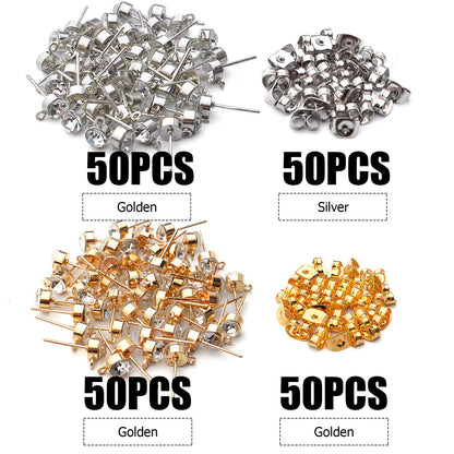 100pcs 5mm Rhinestone Earring Studs Hypoallergenic Earrings Posts with Loop and 100pcs Butterfly Earring Backs for DIY Earring Jewelry Making Supplies