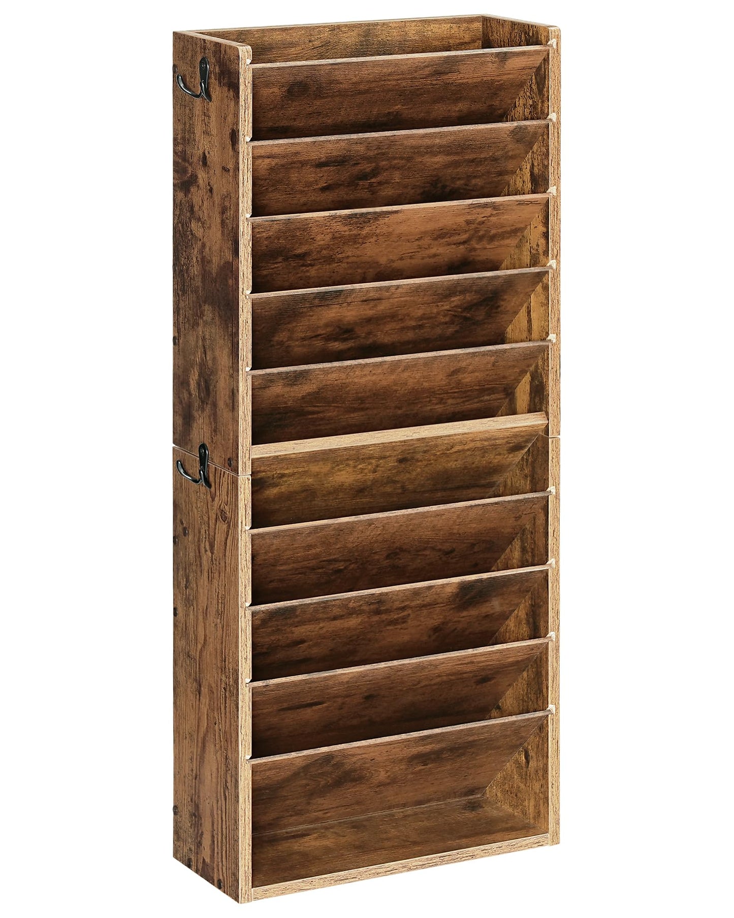 CHOEZON Wall File Organizer, 10-Tier Hanging Mail Organizer, Wall Mount File Holder with 4 Side Hooks, Mail and Storage Organizer, Wooden Vertical Hanging Holder for Office, Rustic Brown MWJ03FG