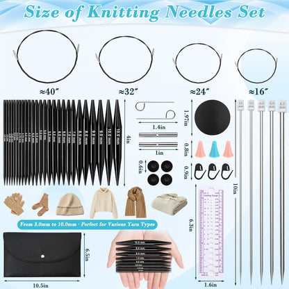 13 Pairs Interchangeable Knitting Needles Set with 4 Flexible Cables, Portable Circular Knitting Needles, 3-10 mm Smooth Aluminum Knitting Needle Kit for Beginner Projects Travel Home Knitting