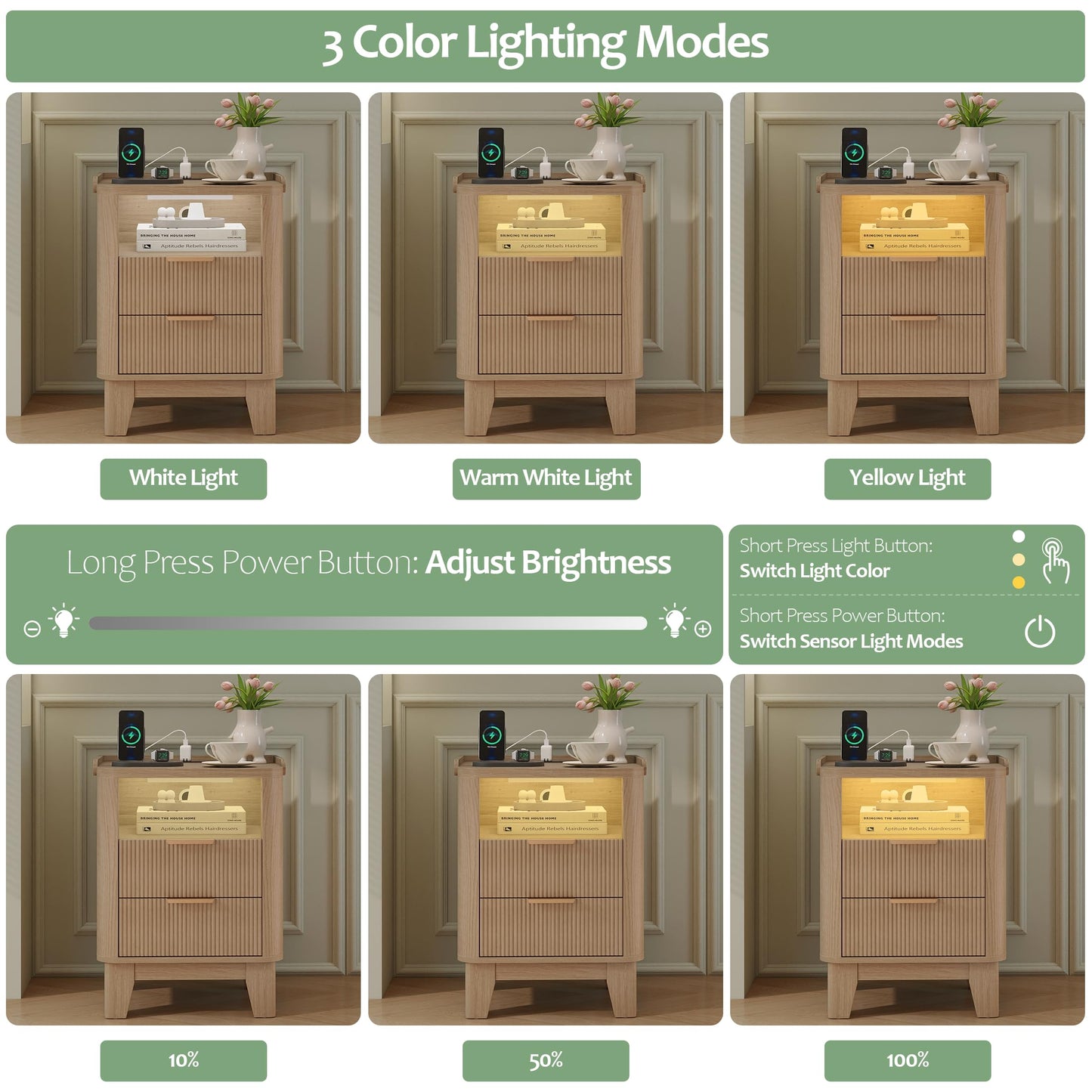 Turosur Night Stand with Charging Station, Fluted NightStand with LED Light and 2 Drawers, Wood Bedside Table with Open Storage, Modern