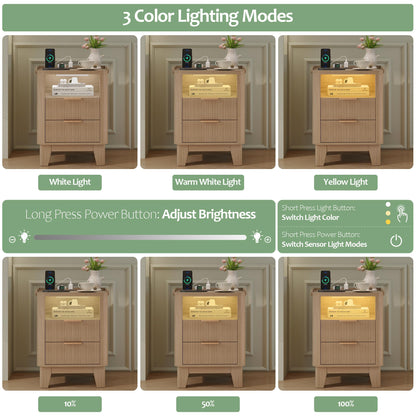 Turosur Night Stand with Charging Station, Fluted NightStand with LED Light and 2 Drawers, Wood Bedside Table with Open Storage, Modern