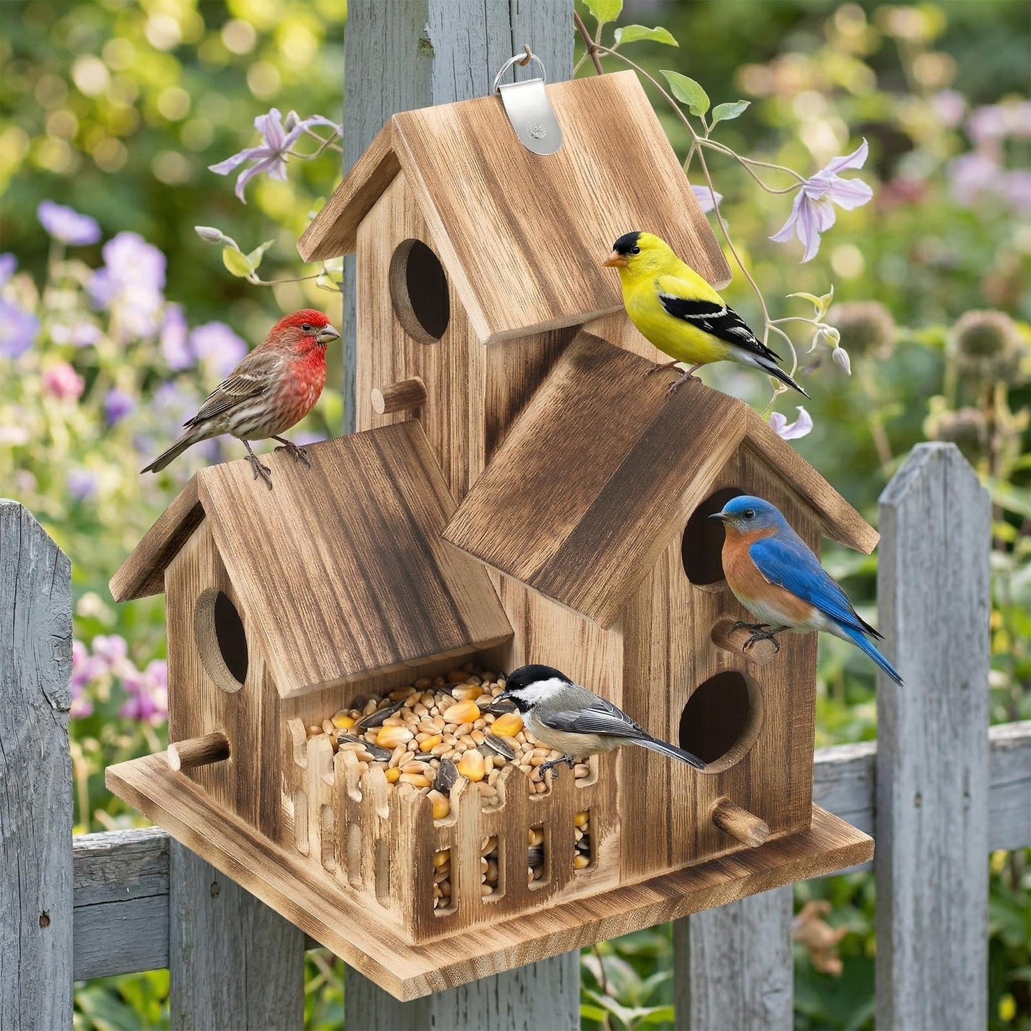 Bird House for Outside, Outdoor 3 Hole Bird House Room Bluebird Finch Wooden Hanging Birdhouse Handmade Wooden Hummingbird-House for Garden,Courtyard, Backyard Bluebirds, Finches, Cardinals