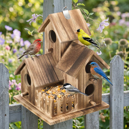 Bird House for Outside, Outdoor 3 Hole Bird House Room Bluebird Finch Wooden Hanging Birdhouse Handmade Wooden Hummingbird-House for Garden,Courtyard, Backyard Bluebirds, Finches, Cardinals