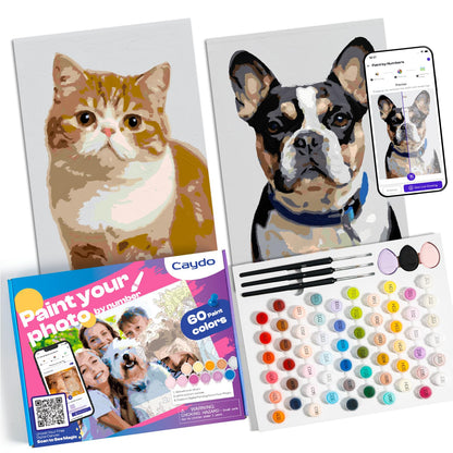 Caydo Custom Paint by Numbers Kit for Adults, Turn Your Photo into A4 Paint Templates via Included Customization Feature with 60-Color Acrylic Set and 3 Blank Canvases for Gift & Home Activity