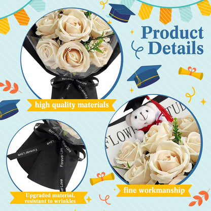 Giegxin 3 Pcs Graduation Bear Flower Bouquet Set Includes Artificial Roses Flower Bouquet Mini Plush Bear with Grad Cap Greeting Card Gift Bag for 2026 Graduation Party Favors Supplies (Yellow)