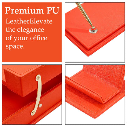 RitPin Luxury Executive Leather Desk Organizer Set –15-Piece Office Desk Accessories with Desk Pad, Letter Tray, Phone Stand, Pen Holder & Coasters – Professional Office Desk Decor & Gift (Orange)