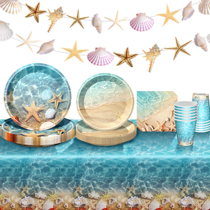 Seashell Party Supplies Ocean Beach Party Supplies Tableware with Seashell Beach Paper Plates Napkins Cups Tablecloth Banner for Summer Hawaiian Birthday Decorations, Serves 24
