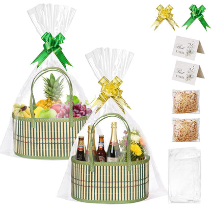 Gift Baskets Empty Hamper Basket Gift Box DIY Gift Hamper Set with 2 Bags,2 Bows ,2 Greeting Card and Raffia for Birthday Present,Easter, Christmas , Graduation, Wedding, Thanksgiving Gift Kit-2 Green