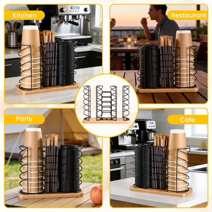 Mozabol Coffee Station Organizer for Countertop, Cup and Lid Organizer with Straw Holder, 3 Section Disposable Cup Dispenser Rack with Acacia Wood Base for Office, Cafe, Kitchen, Break Room
