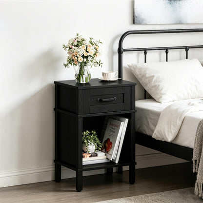 YAUKTAK Farmhouse Nightstand with Drawer, Small Wood Side Table, Wooden Bedroom Nightstand, Wood Night Stand, Black Bedside Table with Storage, Black End Table for Living Room LET512B