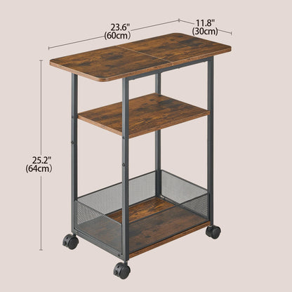 DALEMHOME Side Table with Wheels, Narrow Side Table with 3-Layer Storage Shelves, Slim Nightstand, Metal Frame, for Small Spaces, Living Room, Bedroom, 23.6" D x 11.8" W x 25.2" H, Rustic Brown