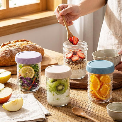 WACOI Overnight Oats Containers 16oz with Lids, 6 Pack Wide Mouth Mason Jars with Airtight Lids, Glass Food Storage Containers for Pickling, Fermenting, Snacks, Salad, Yogurt, Spice